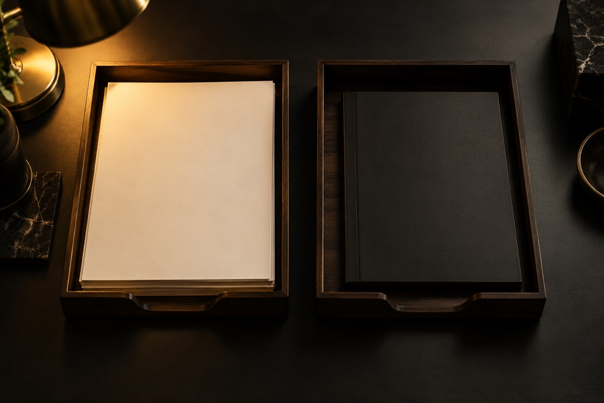 Dos bandejas de madera oscura sobre una mesa negra, una con papeles ordenados bajo una luz dorada y otra con una carpeta cerrada, metáfora de separar lo mecánico del criterio antes de automatizar tareas con IA