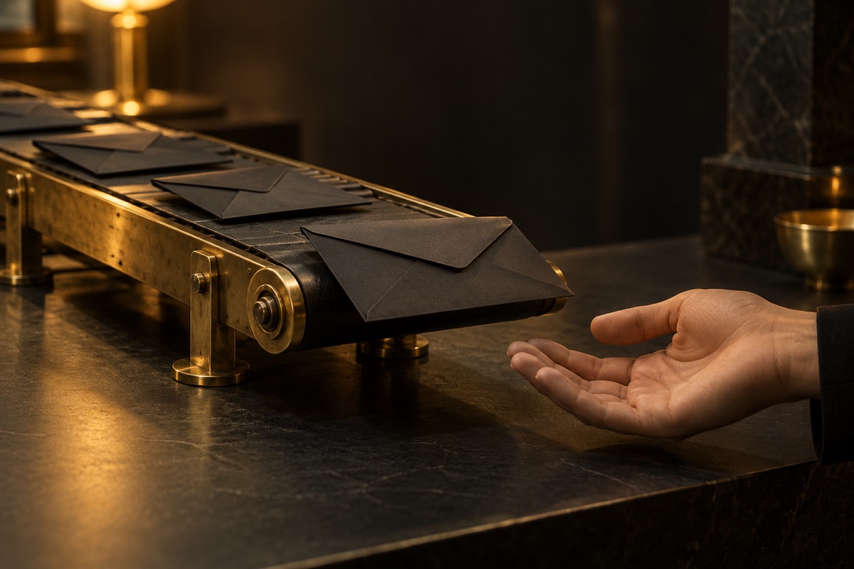 Una cinta transportadora de latón dorado que lleva sobres negros sellados hacia una mesa donde una mano espera para revisarlos, sobre fondo oscuro