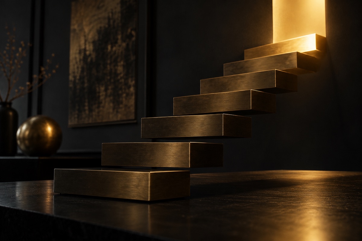 Una escalera de peldaños de latón que sube desde una mesa negra hacia una luz dorada, con un único peldaño final iluminado, metáfora de cómo hacer un webinar de ventas que lleva a un solo siguiente paso