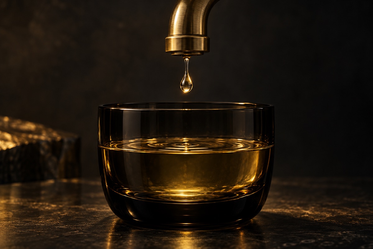 Un grifo de latón sobre un recipiente de cristal negro que ya está lleno a medias de agua dorada, con una sola gota cayendo, bajo luz baja