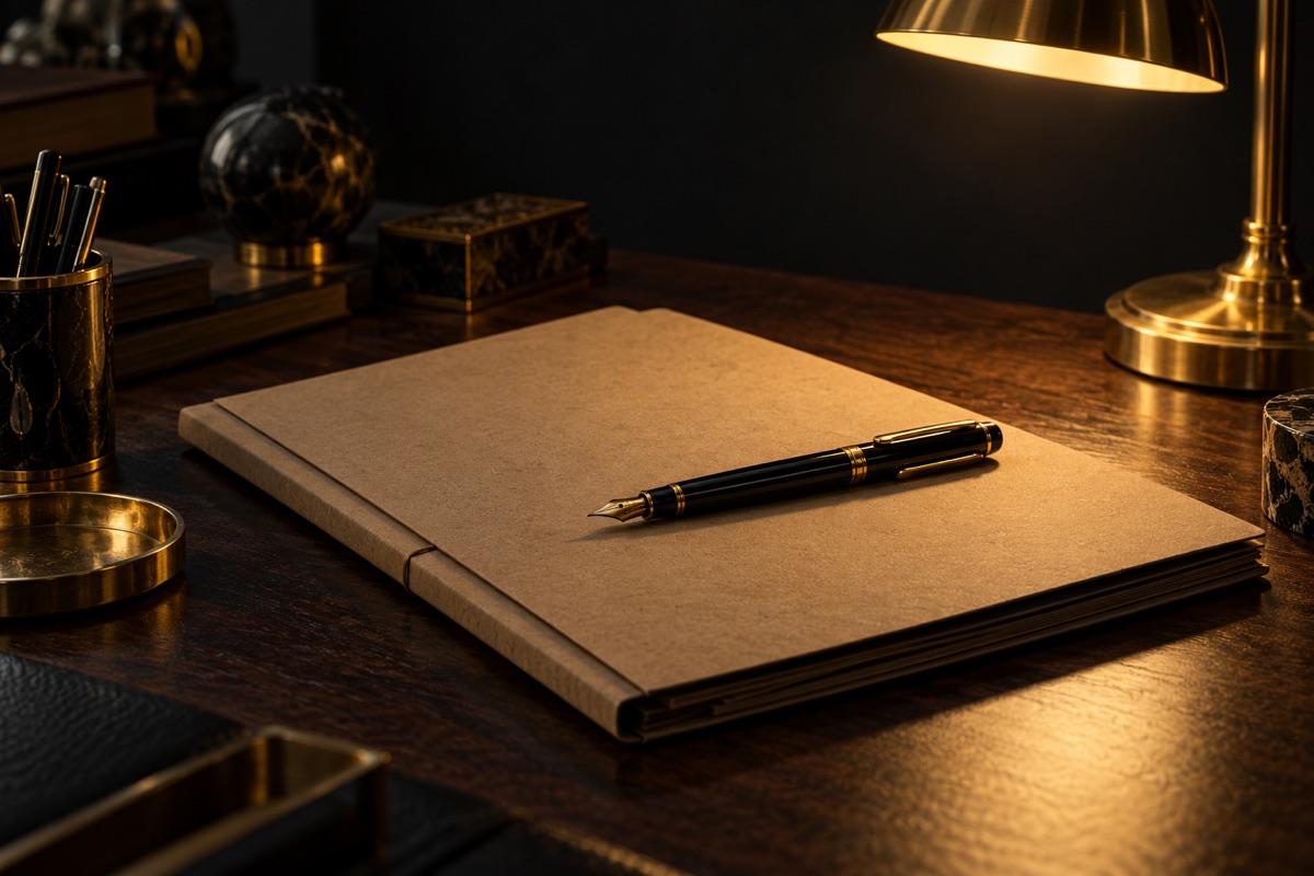 Una carpeta de cartón cerrada con una pluma estilográfica encima, sobre un escritorio de madera oscura bajo una lámpara de latón encendida