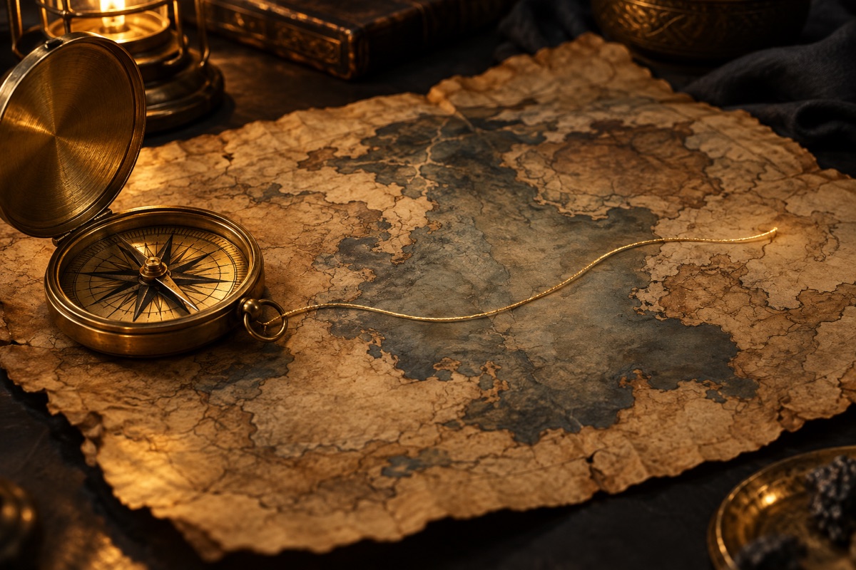Una brújula de latón abierta sobre un mapa antiguo en una mesa oscura, con una línea dorada que une dos puntos, metáfora de la estructura de una llamada de ventas