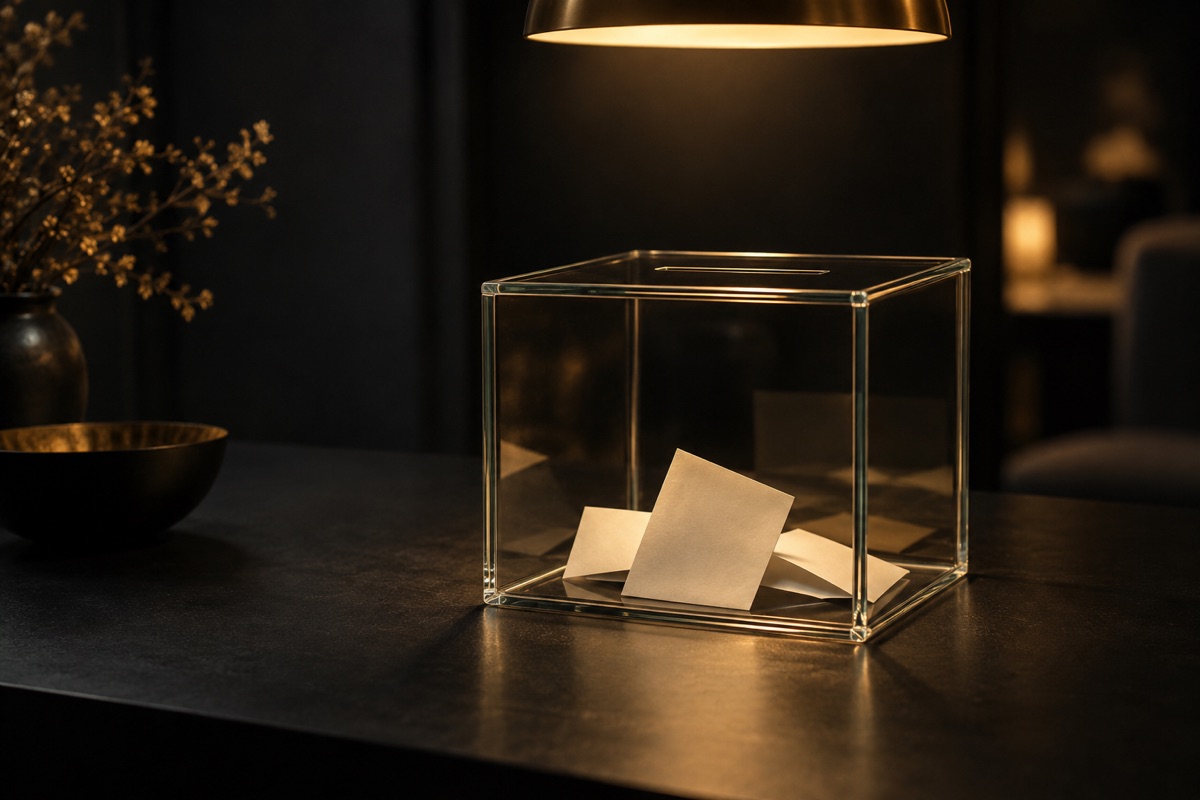 Una urna de cristal pequeña sobre una mesa negra, con unas pocas papeletas dobladas dentro iluminadas en dorado