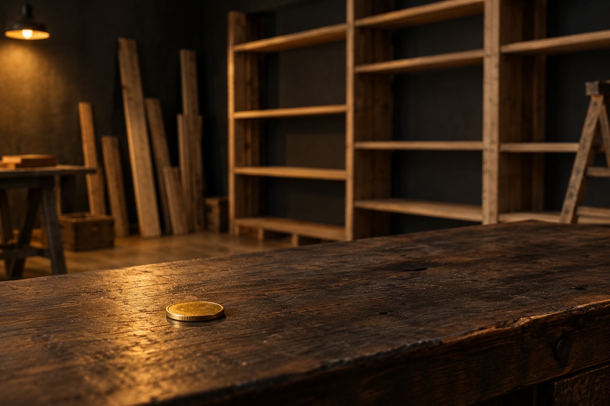 Una sola moneda dorada sobre un mostrador de madera oscura, en una tienda con estanterías aún sin montar, metáfora de los pasos para validar una idea de negocio cobrando a los primeros