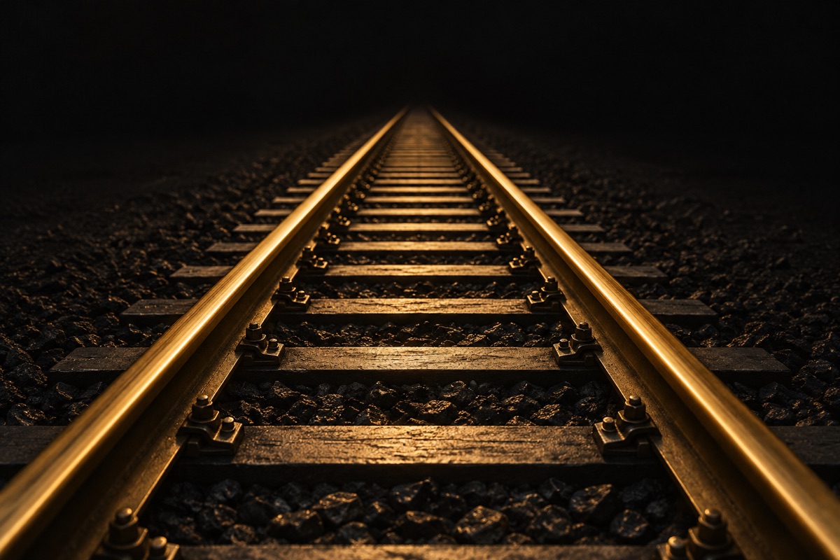 Una sola vía de tren dorada que se pierde en la oscuridad sobre un terreno negro, sin desvíos ni cruces, bajo una luz cálida lateral
