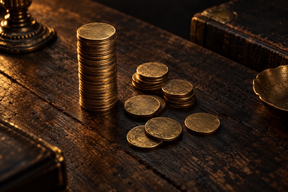 Monedas antiguas de latón apiladas en una sola torre junto a otras repartidas en montones pequeños sobre una mesa de madera oscura, metáfora de cómo el mercado decide el precio de cursos online