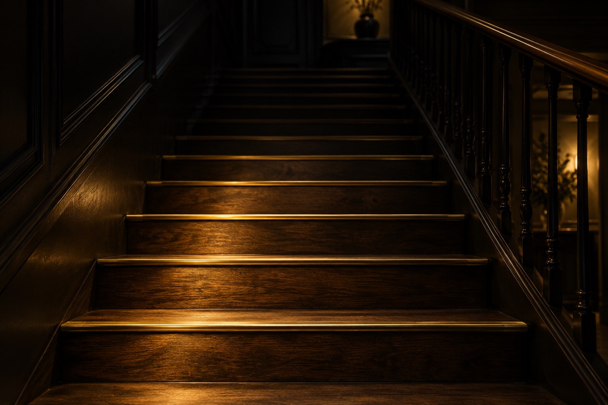 Una escalera de madera oscura con peldaños de latón iluminados de abajo arriba por una luz dorada