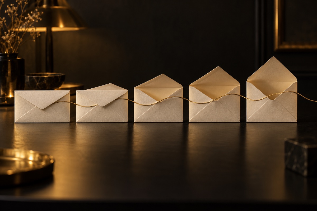 Una fila de sobres de papel grueso alineados sobre una mesa negra, cada uno algo más abierto que el anterior, con un hilo dorado que los une, metáfora de la secuencia de email marketing para coaches