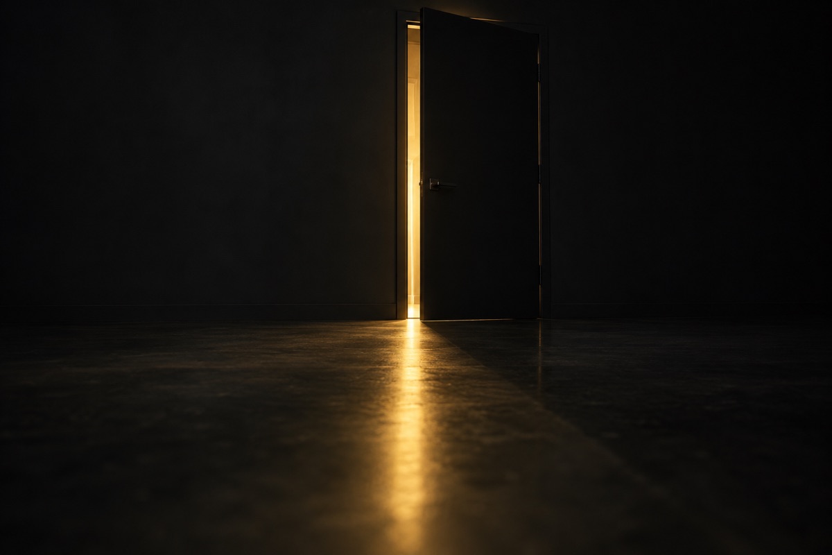 Una puerta negra entreabierta con una línea de luz dorada que dibuja en el suelo un camino recto hacia el fondo de una sala oscura