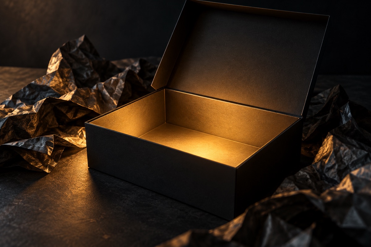 Una caja de regalo de cartón negro abierta sobre una mesa oscura, con el interior iluminado por una luz dorada cálida y el envoltorio arrugado a un lado