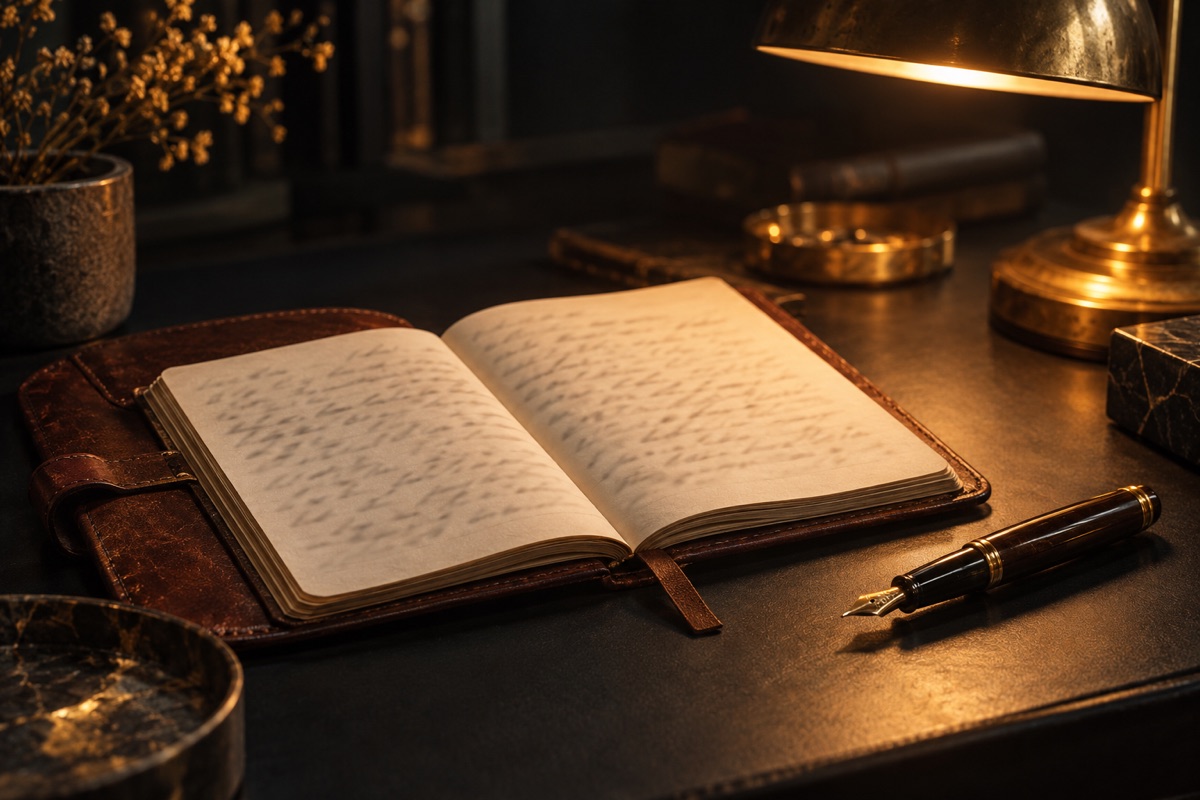 Un cuaderno de cuero abierto con anotaciones a mano borrosas e ilegibles, junto a una pluma de latón, bajo una lámpara de luz cálida en un escritorio oscuro