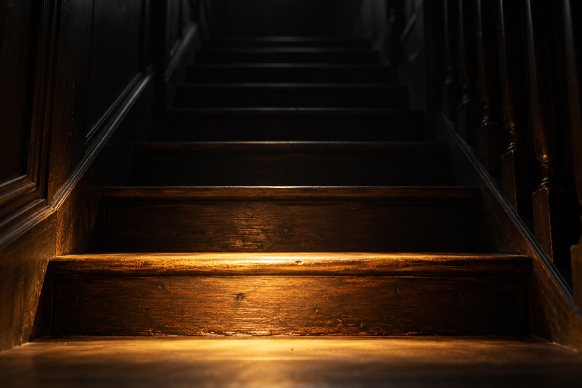 Una escalera de madera oscura con solo el primer peldaño iluminado en dorado y el resto en penumbra