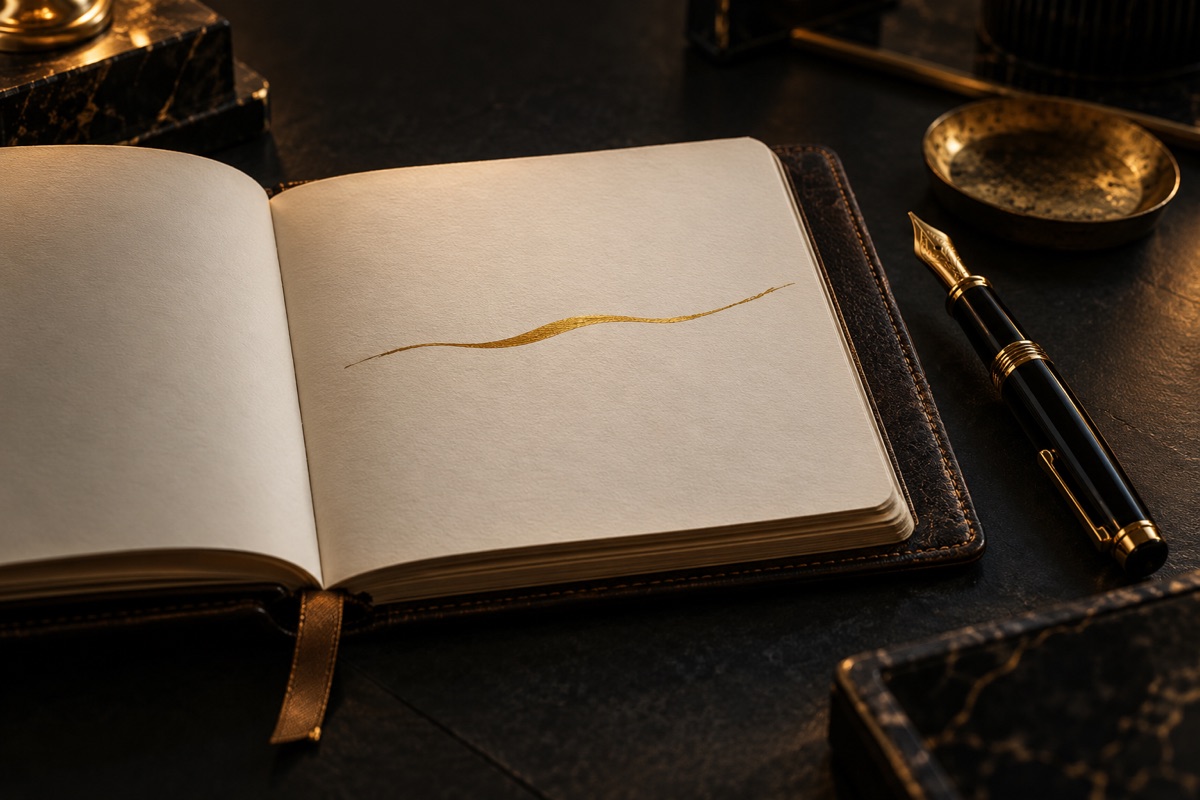 Un cuaderno de cuero abierto con una sola línea escrita en tinta dorada junto a una pluma, sobre una mesa oscura