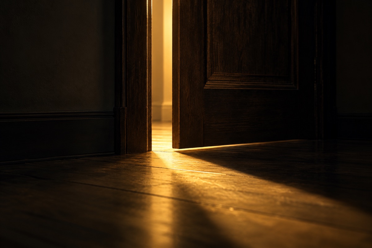 Una puerta de madera oscura entreabierta con un haz de luz dorada que entra por la rendija en una habitación en penumbra, metáfora de cuándo contratar un setter de citas