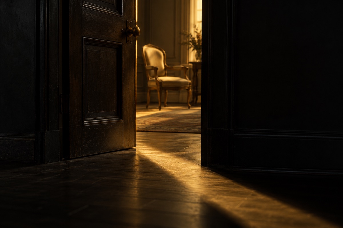 Una puerta de madera oscura entreabierta con un haz de luz dorada en el suelo y una silla vacía al otro lado